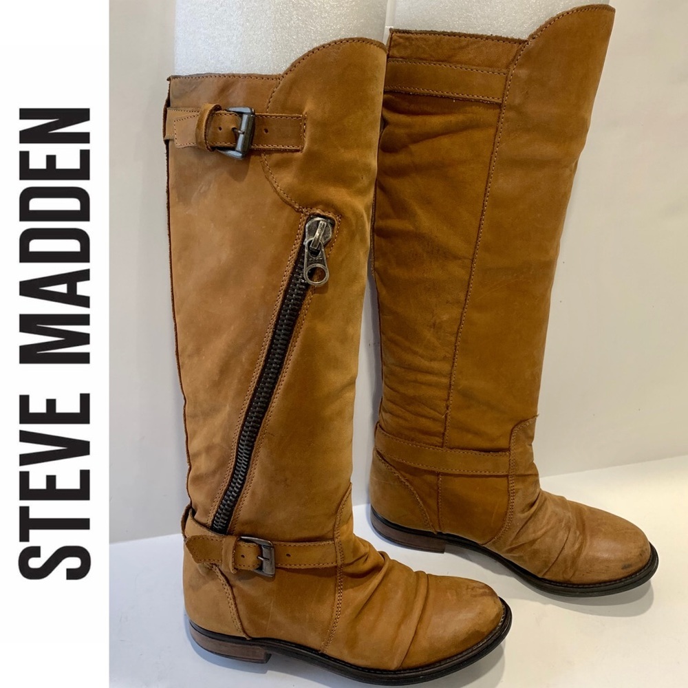 Steve Madden Lukas Cognac Moto Riding Boots
